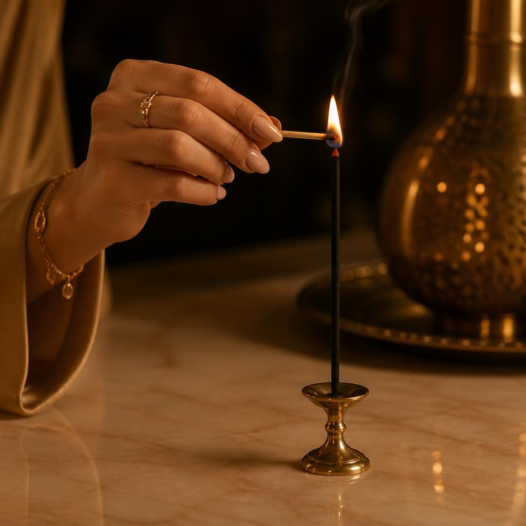 Woman's hand lighting the tip of an oud stick standing in a brass holder
